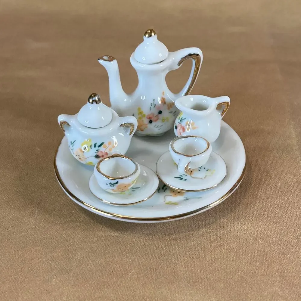 Vintage 90s Miniature Porcelain Tea Set w/Gilding and Floral Trim Doll Set EUC